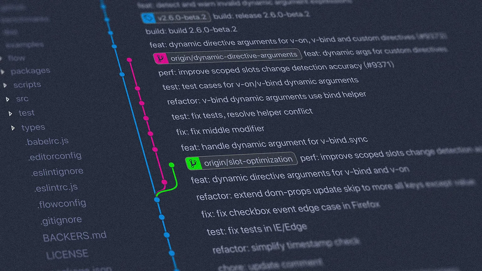 A screen showing a long list of commit messages in a version control history